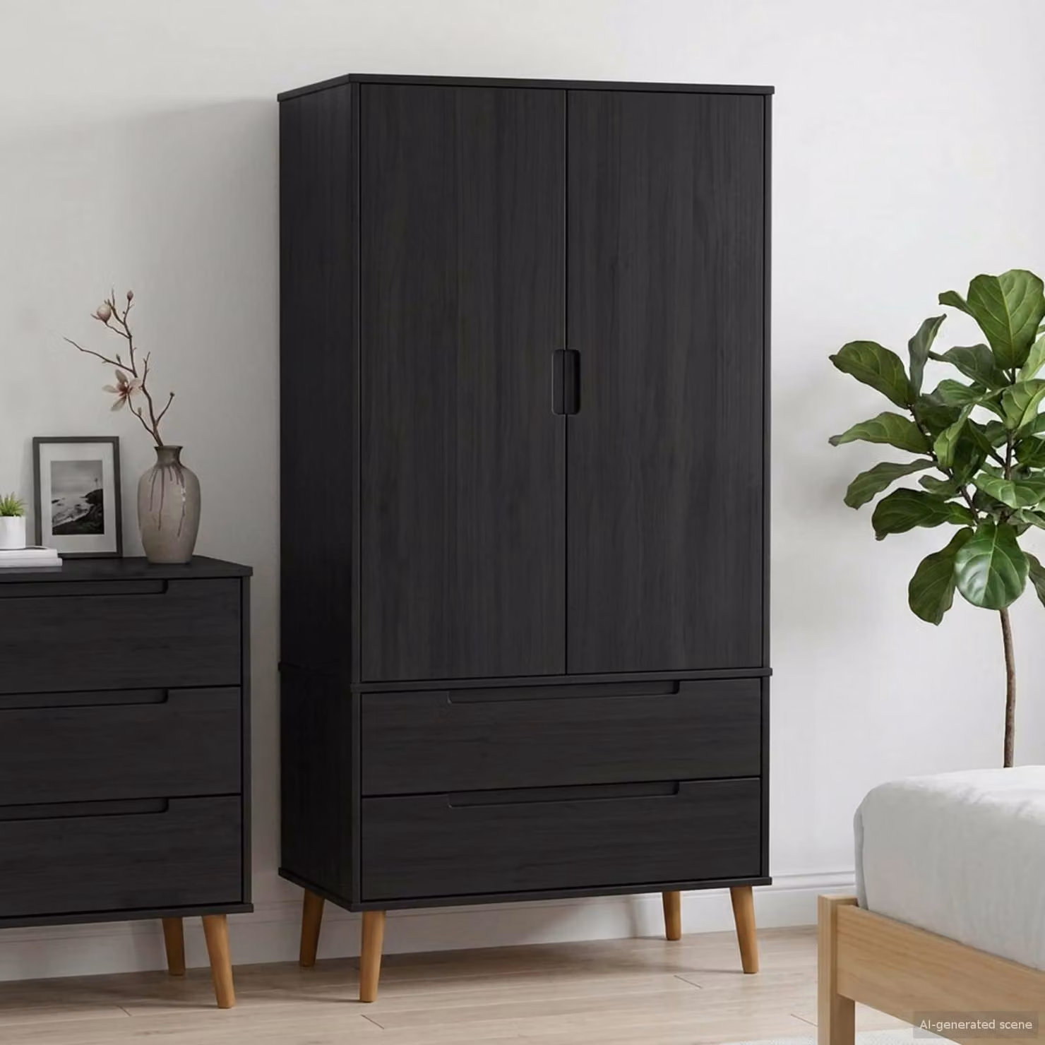 vidaXL Guardaroba MOLDE Nero in Legno di Pino con Cassetti Integrati L/P/H: 90 x 55 x 175 cm
