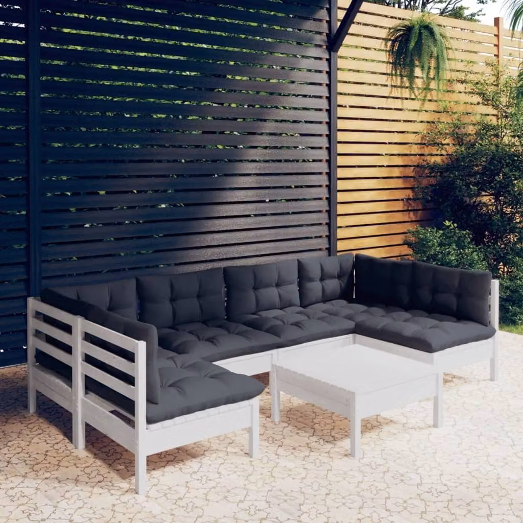 The Living Store Set da giardino 7 pezzi con cuscini in legno di pino massiccio bianco