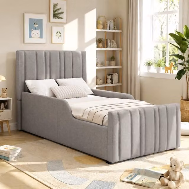 Letto singolo con contenitore Mivray in tessuto grigio con rete a doghe e struttura imbottita L/P: 90 x 200 cm – 1