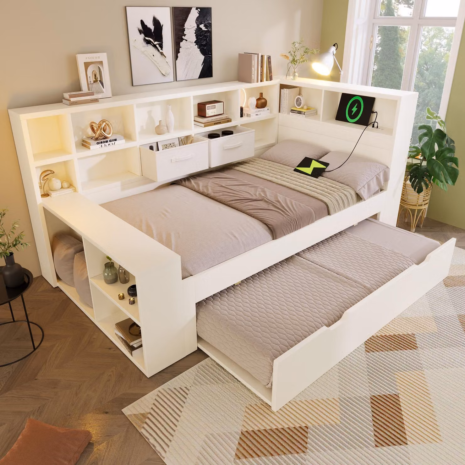 Divano letto Flieks con struttura in legno 140x200 cm e letto estraibile 90x190 cm, divano letto con contenitore, letto matrimoniale per ragazzi con contenitore, bianco