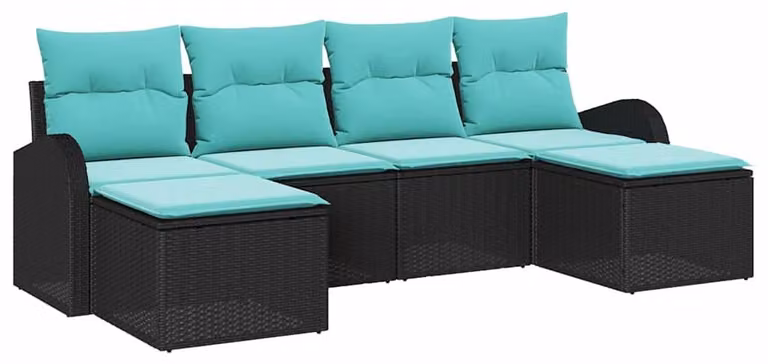 Set di divani da esterno, 6 pezzi, in rattan sintetico nero e turchese