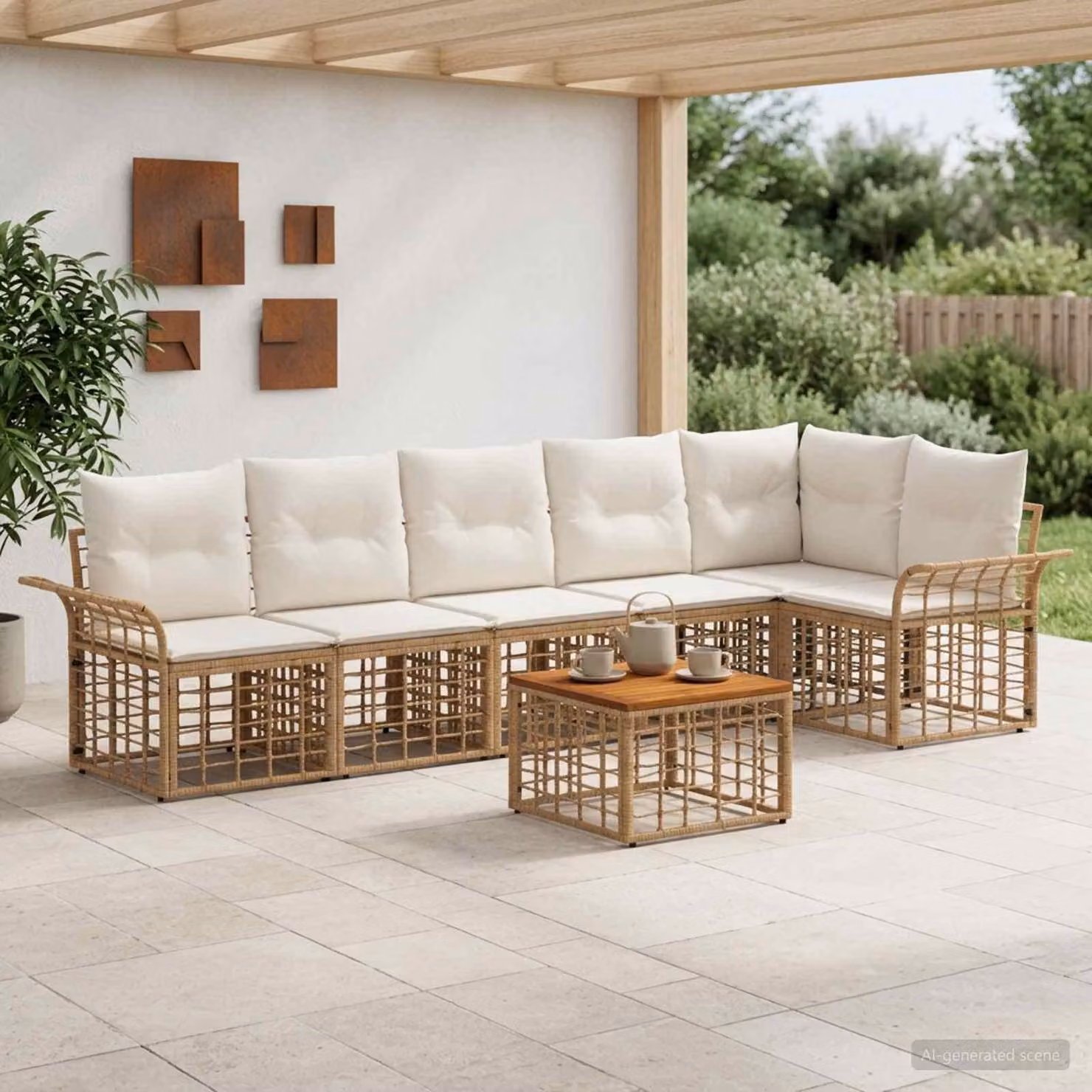 Maison Exclusive - Set da esterno per divano, 7 pezzi, 6 posti, color naturale e crema