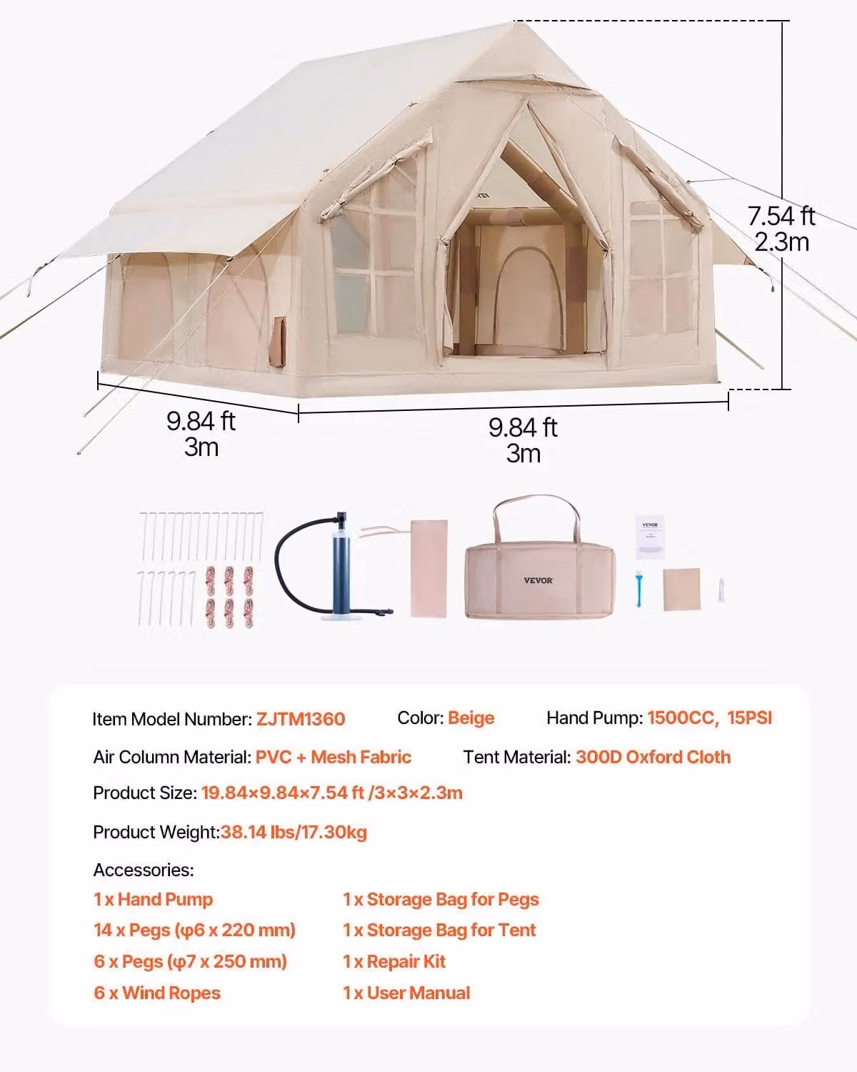 Tenda gonfiabile VEVOR, design spazioso 3x2 m, resistente tessuto Oxford 300D, 3x3,1 m