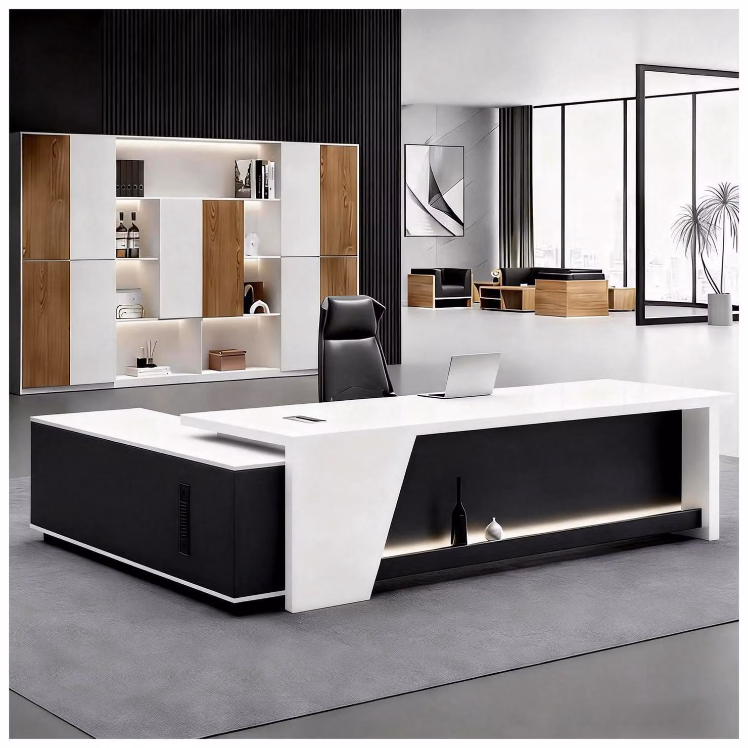 Scrivania a forma di L con spazio contenitivo, dimensioni 180x80x75 cm, colore nero e bianco