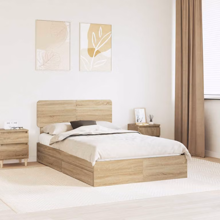 Letto con contenitore e cassetto vidaXL in rovere color marrone, L: 138 cm, P: 196 cm, H: 90 cm