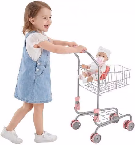 Carrello della Spesa Giocattolo VEVOR per Bambini con Telaio in Metallo, Sedile per Bambole e Cestino a Rete, Colore Rosa e Argento