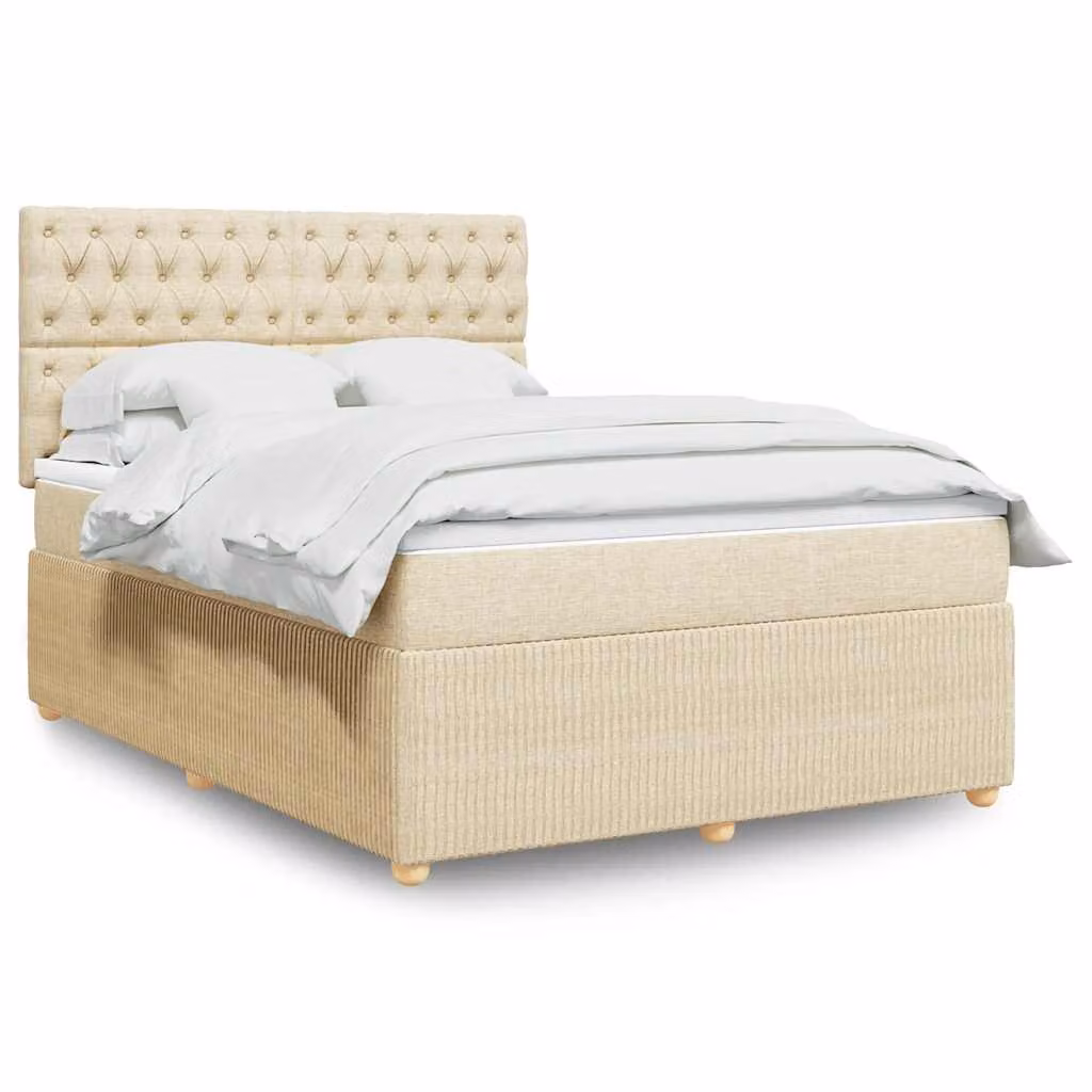 vidaXL Giroletto a Molle con Materasso Ibrido in Tessuto Beige e Bianco L/P/H: 160 x 200 cm