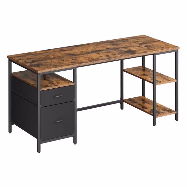 Scrivania con 3 Ripiani 2 Cassetti per Ufficio, Marrone Vintage + Nero / 160 x 60 cm