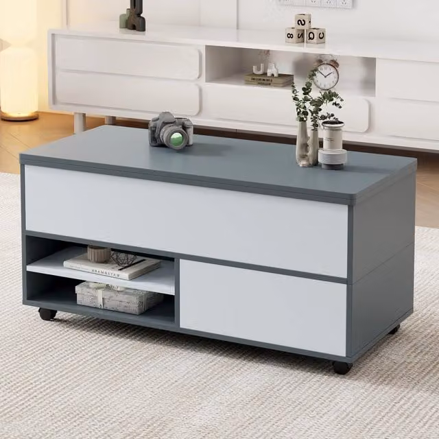 Tavolino da caffè 100x98x65 cm con piano sollevabile; cassetti e rotelle; in truciolare grigio e bianco