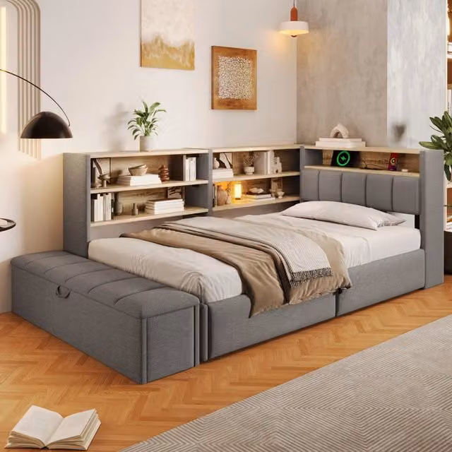 Letto da banco 90 x 200 cm; tronco idraulico; presa elettrica; deposito laterale reversibile; porta USB; striscia LED; velluto; grigio