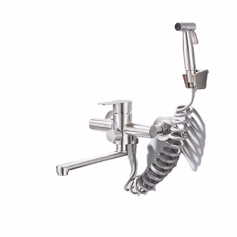 Rubinetto da cucina a parete in acciaio inox, design a doppio supporto, acqua calda e fredda, nichel