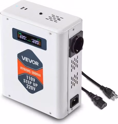 VEVOR Convertitore di Tensione Step-Up da 3000 VA, Trasformatore di Potenza da 110 V a 220 V con 2 Prese USA, Uscita USB e Display LCD per Elettrodomestici