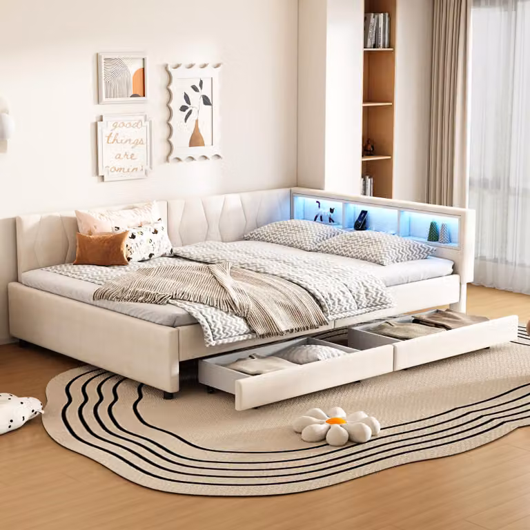 Merax daybed Daybed 140x200 cm, divano letto con LED, USB+Tipo C, 2 cassetti, vano portaoggetti, divano letto, letto imbottito in lino, beige