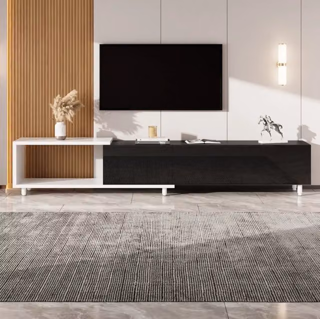 Mobile TV estensibile ULEVR 258x38x48,5 cm con 3 ante lucide e vano aperto, nero e bianco