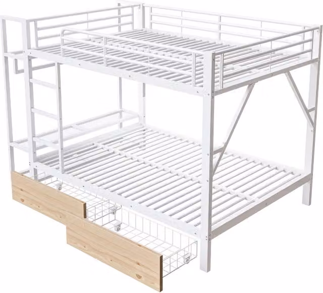 Letto a castello Chicfurn moderno in metallo e MDF bianco con 2 cassetti, ripiani, barra stendibiancheria e illuminazione LED, L/P/H: 200 x 140 x 160 cm