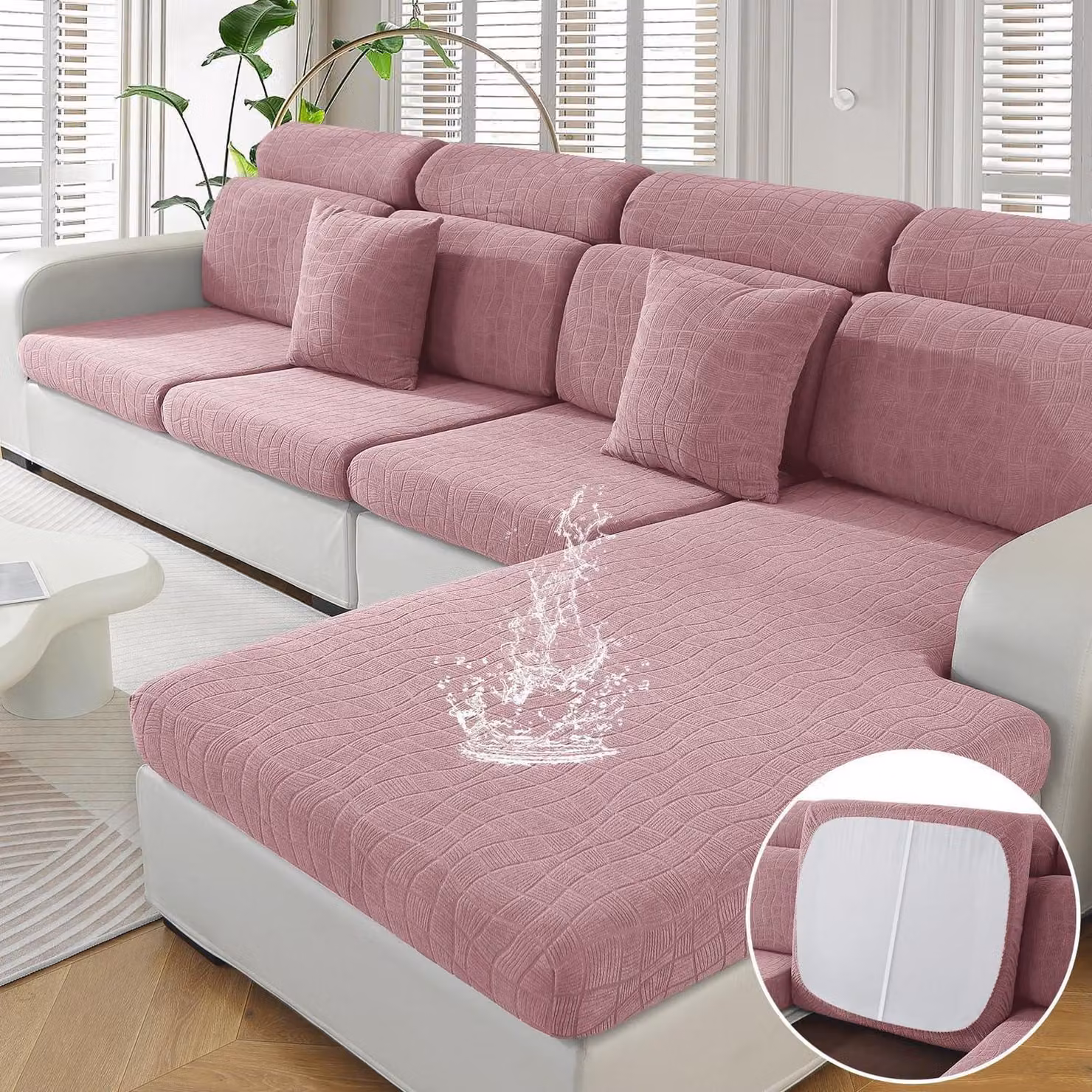 Copertura elastica impermeabile per cuscini da seduta, universale, adatta a divani a 1 posto, divani angolari 3+1 e chaise longue, colore rosa