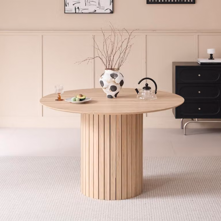 Tavolo rotondo da pranzo per 4-6 persone, diametro 120 cm, struttura in metallo, stile rustico, color marrone chiaro