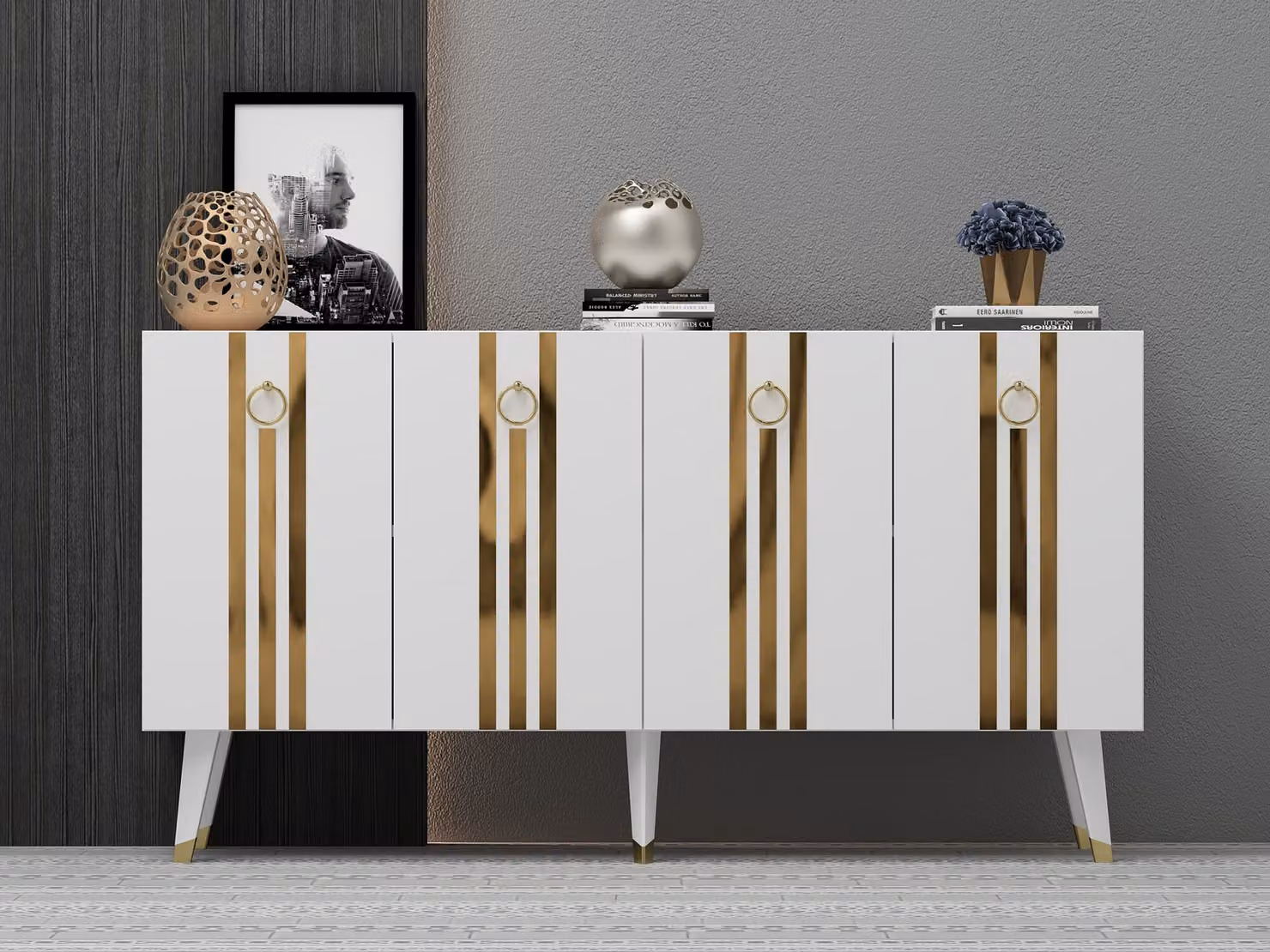 Skye Decor, Isil - Bianco, Oro, Consolle, Bianco, 100% PANNELLI DI PARTICELLE RIVESTITI IN MELAMMINA, 150 x 40 x 80 cm