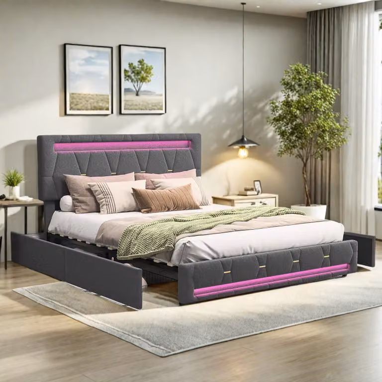 Letto imbottito 140x200cm con rete a doghe e led, letto matrimoniale con 4 cassetti, letto contenitore per ragazzi letto funzionale, biancheria, grigio