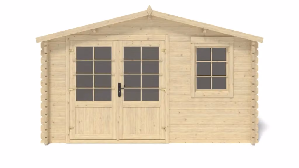 Casetta da giardino in legno ALTANKA modello DOM658 colore naturale e beige, superficie 15,21 m2, L/P: 3,9 x 3,9 m, H: 2,4 m, spessore pareti 40 mm – 2
