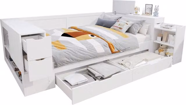 Letto Divano Scandinavo per Bambini con Contenitore, Cassetto e Comodino, Bianco, L/P: 140 x 200 cm