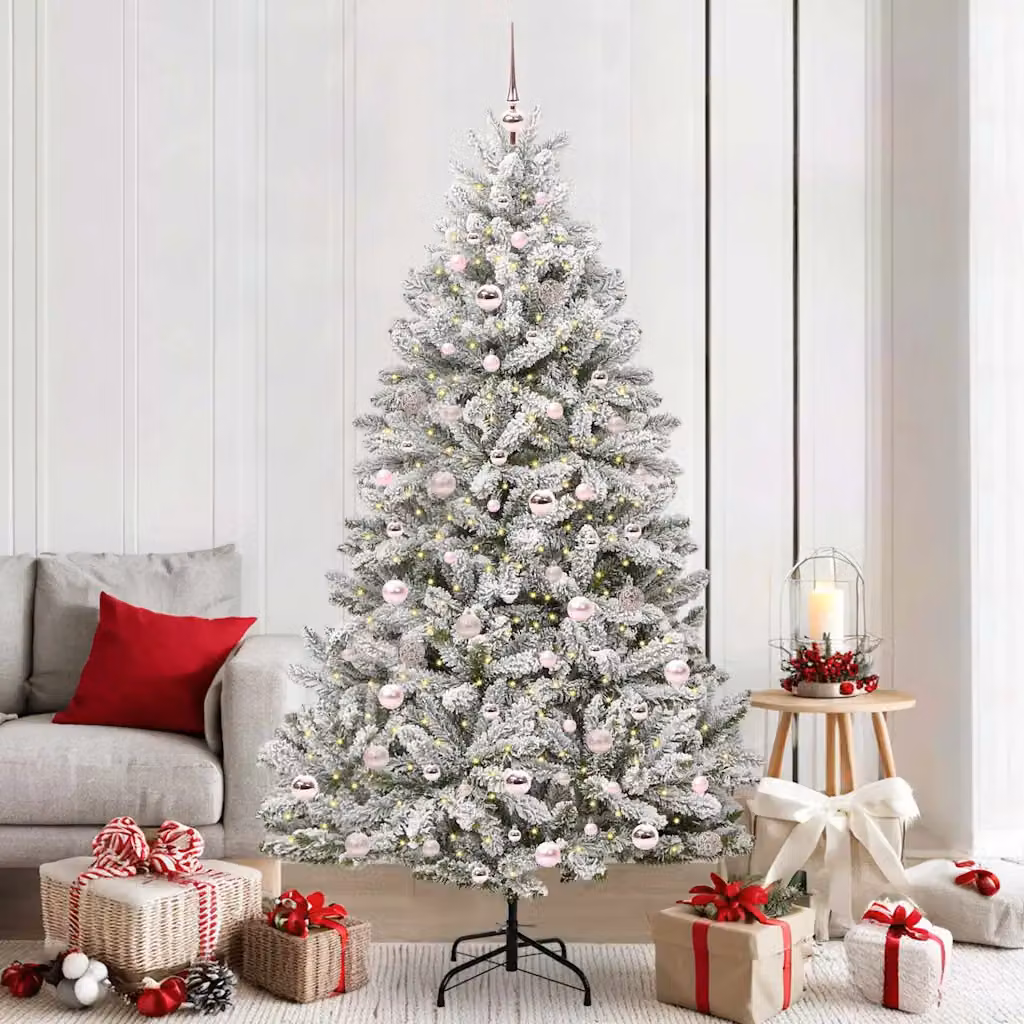 Albero di Natale artificiale moderno vidaXL verde e bianco con 300 LED bianco caldo in PVC e metallo, Altezza: 210 cm – 1