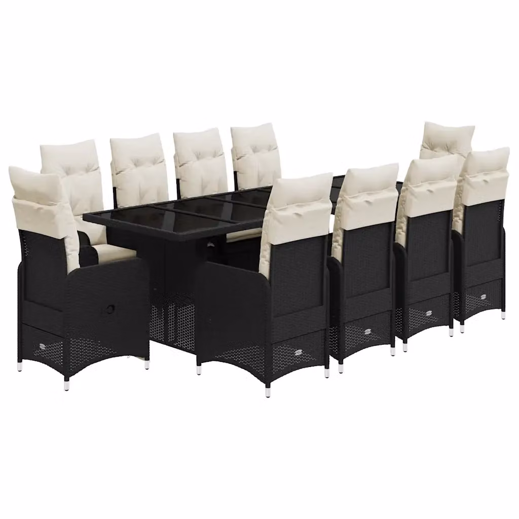 Set da Bistrò da Giardino vidaXL 11 pz in Polyrattan Nero con Cuscini e Tavolo in Vetro – 2