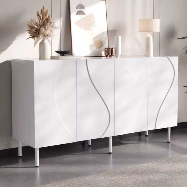 Credenza moderna con 4 ante curve tridimensionali senza maniglie in MDF e metallo, colore bianco lucido, L: 140 cm, P: 40 cm, H: 77,5 cm – 1