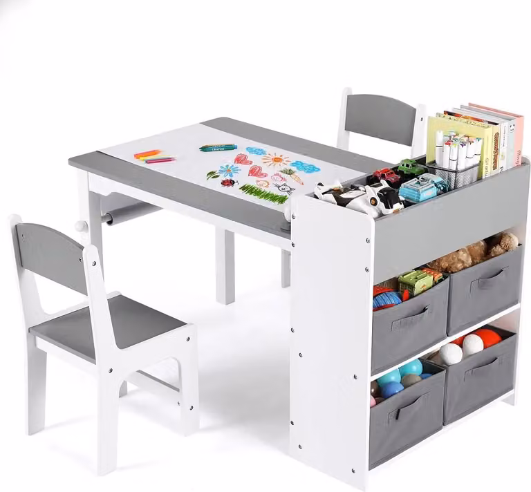 Tavolo da pittura per bambini e 2 sedie - Set da 3 pezzi - Con cassetti e ripiani - Rettangolare 103×55,6×64 cm - Legno - Grigio chiaro