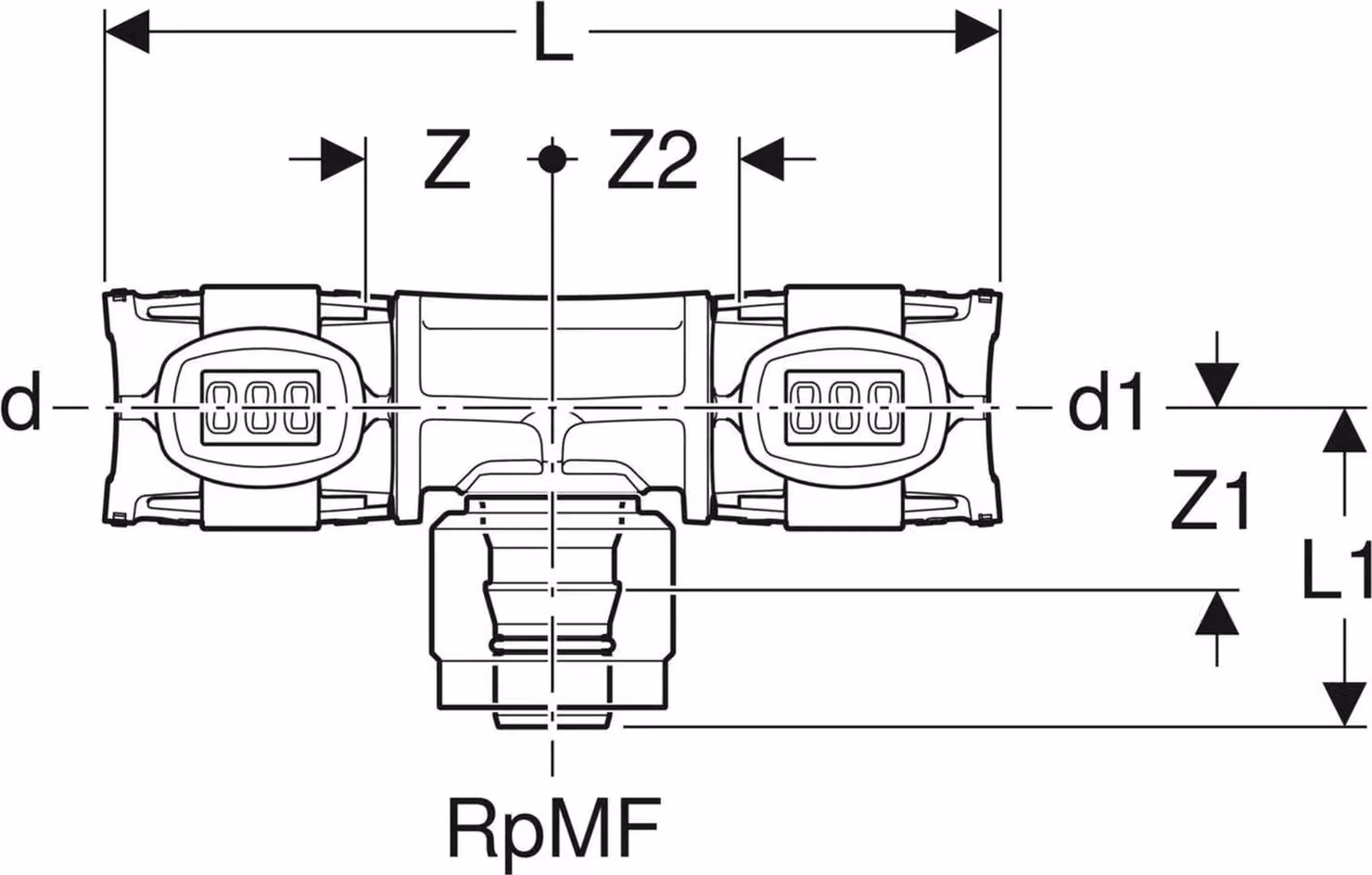 Geberit GE FlowFit Masterfix, raccordo a T di transizione, d25 x RpMF1/2 x 20 mm, PPSU, 1 pz.