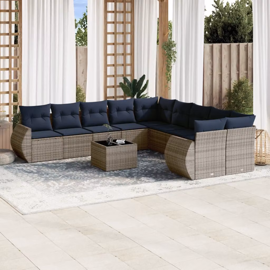 Set di divani da giardino vidaXL in polyrattan grigio con 11 pezzi, tavolo da esterno e cuscini inclusi