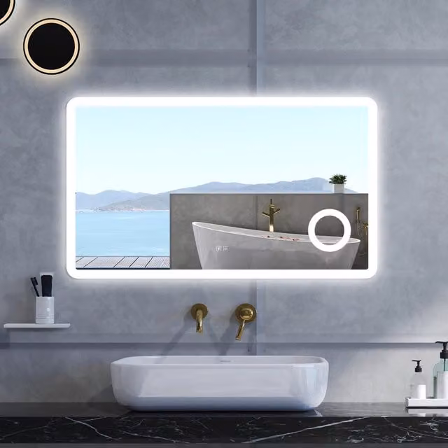 Specchio da bagno Rettangolare con 100x60cm,ingranditore 3x,Blue tooth,3 colori,Memoria, Antifog,Regorabile,Retroilluminato,doppio interruttore,