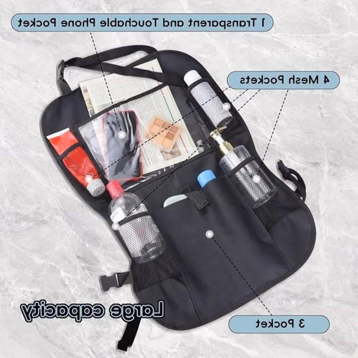 Organizzatore multifunzionale per auto, con supporto per tablet touchscreen, ottimizzatore di spazio per il sedile posteriore e accessori versatili per auto, dotato di numerosi scomparti