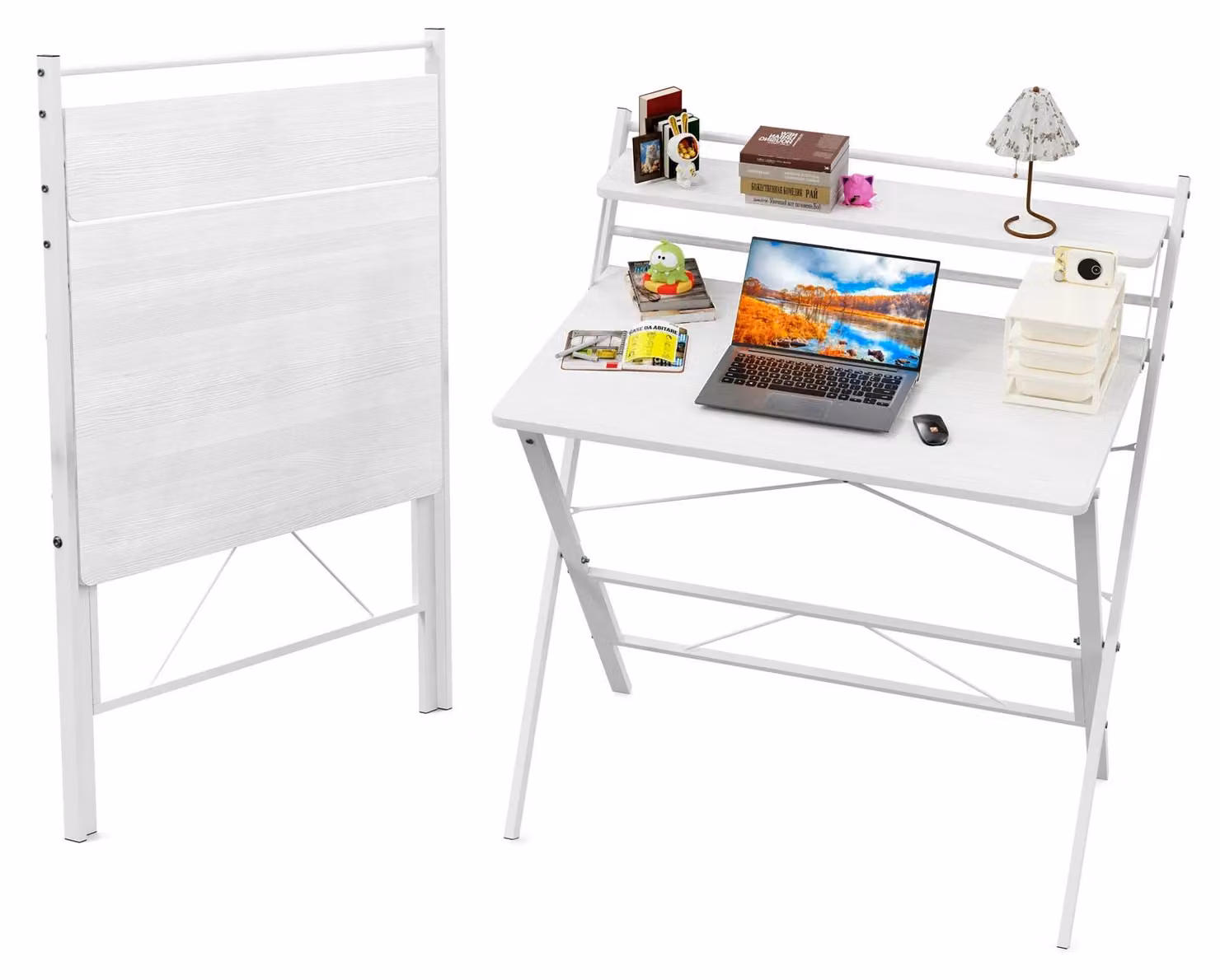 Scrivania pieghevole - Scrivania per computer - Scrivania ad angolo a forma di L - Ripiano a 2 livelli - Salvaspazio, ideale per piccoli ambienti - Struttura in metallo - Colore: bianco