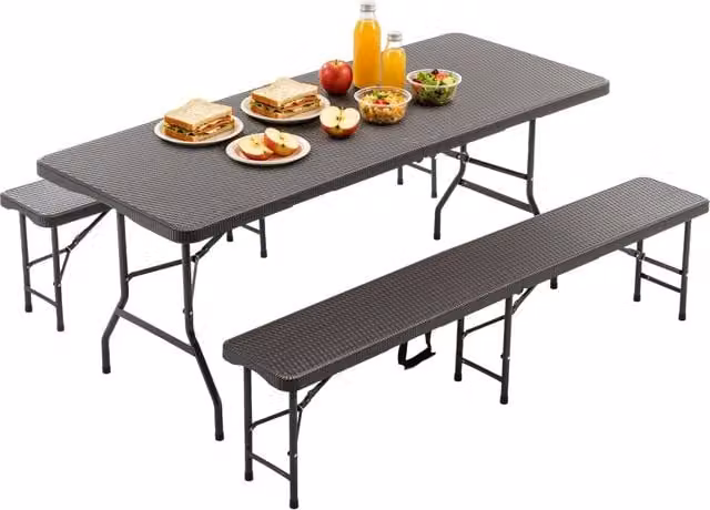 Set da campeggio 3 pezzi: tavolo pieghevole 6ft con 2 panche, piano in HDPE motivo legno, chiusura di sicurezza, resistente a UV e acqua, marrone