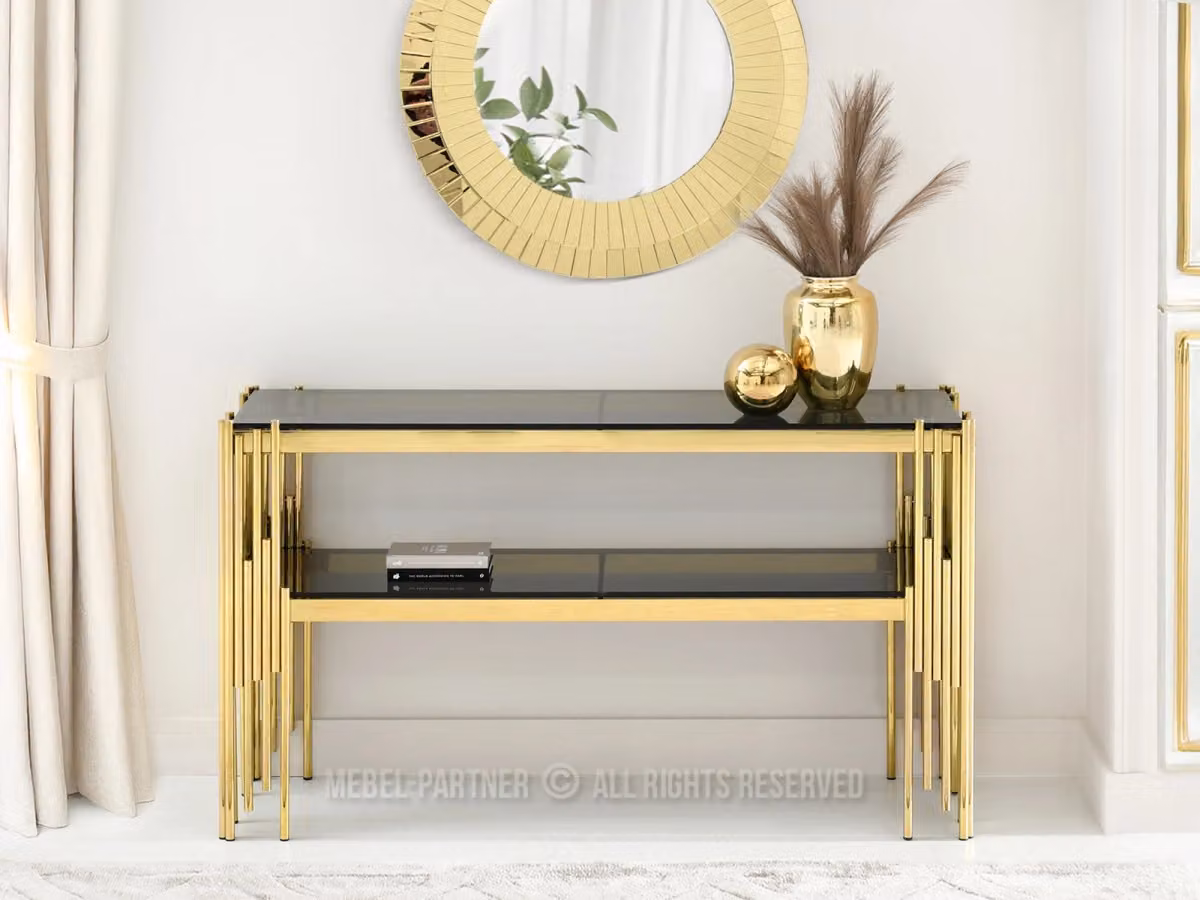 Lussuosa consolle ACHIM - vetro fumé / oro