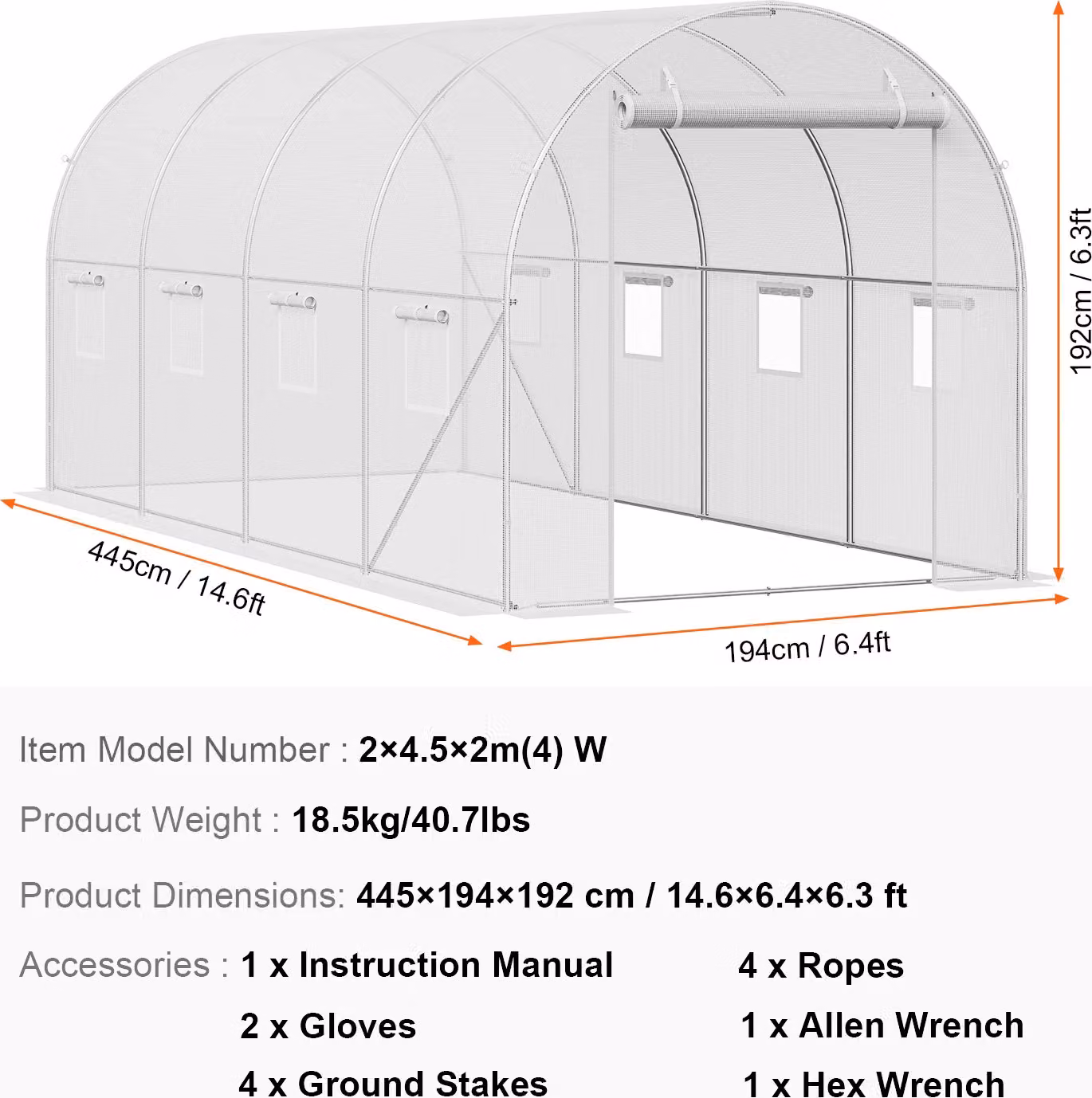 Serra tunnel, design accessibile, copertura in polietilene impermeabile, dimensioni 4,5 x 2,1 x 2,1 metri, colore bianco