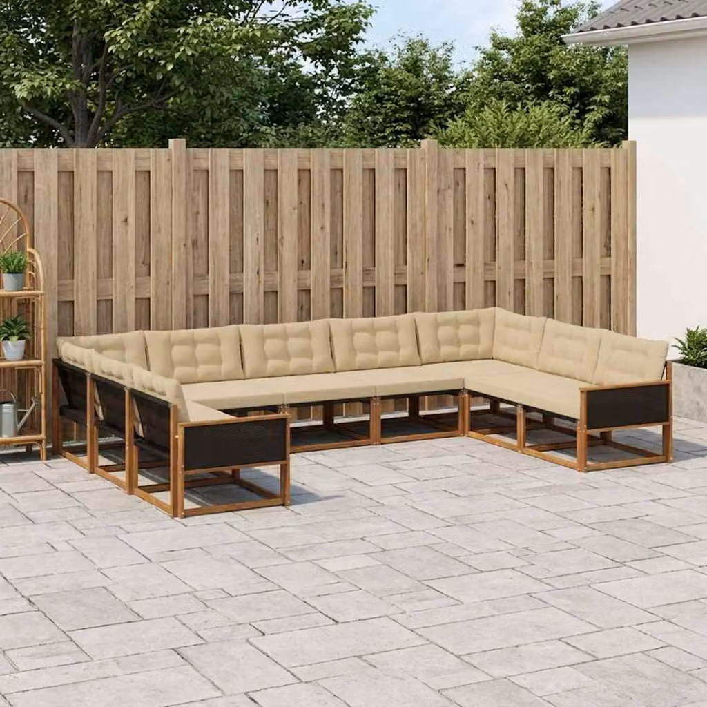 Set di divani da esterno vidaXL 9 pz in legno di acacia e textilene, composizione a L con cuscini, colore beige e marrone