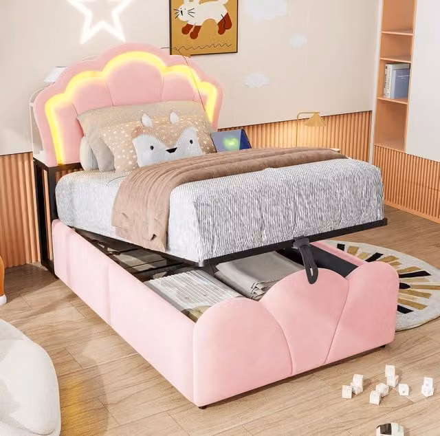 Letto singolo imbottito ULEVR 90x200 cm con contenitore idraulico, LED, prese e vani testata, velluto rosa