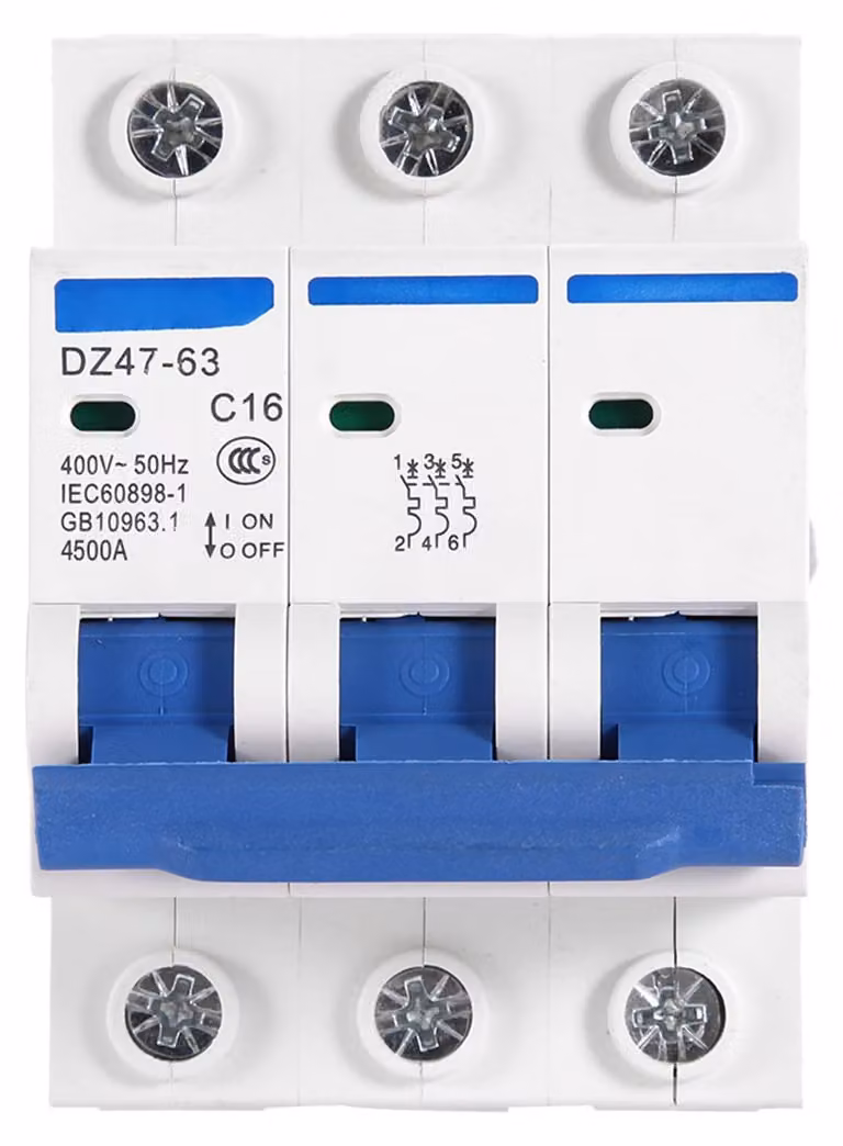 Interruttore magnetotermico compatto DZ47-63, corrente nominale 16A, tensione di funzionamento 400V AC
