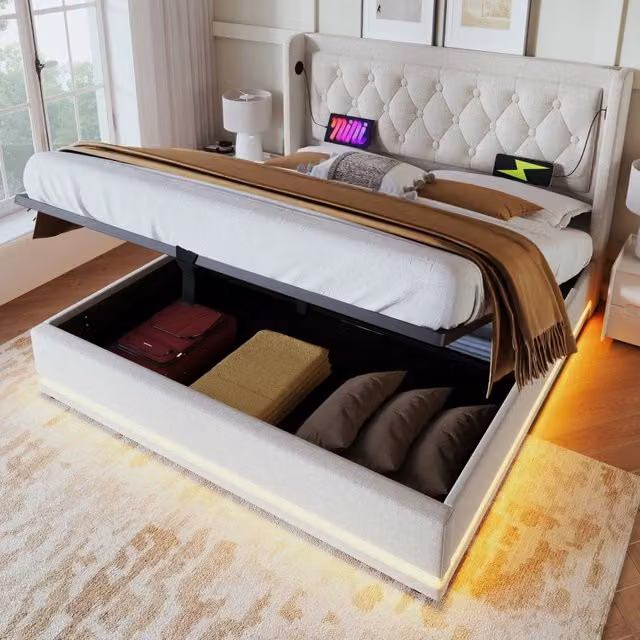 Letto matrimoniale contenitore 140×200 cm con USB, tipo C, LED e sollevamento idraulico, senza materasso in cotone beige