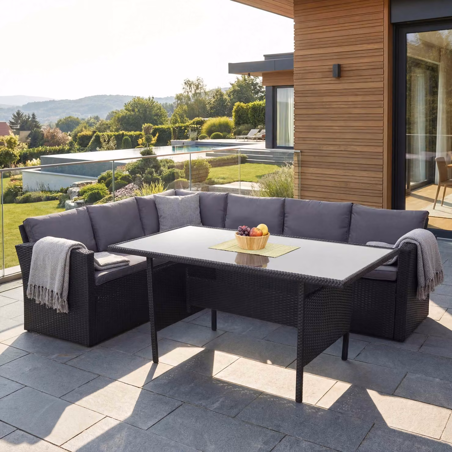 Set in polirattan HWC-A29, set da giardino tavolo da pranzo, nero ~ cuscini grigio scuro