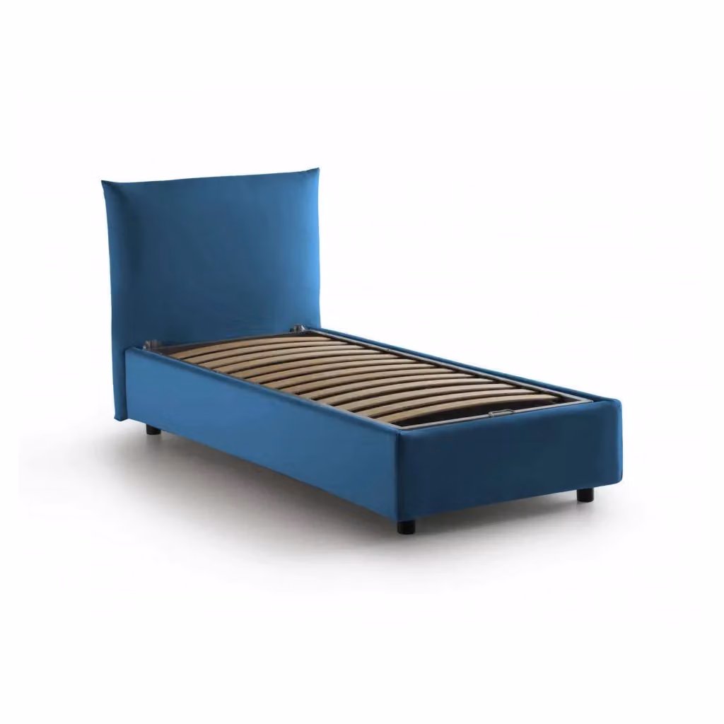 Letto singolo contenitore Ippolito di Talamo Italia con rivestimento in tessuto blu, apertura frontale, adatto per materasso 80x190 cm – 2