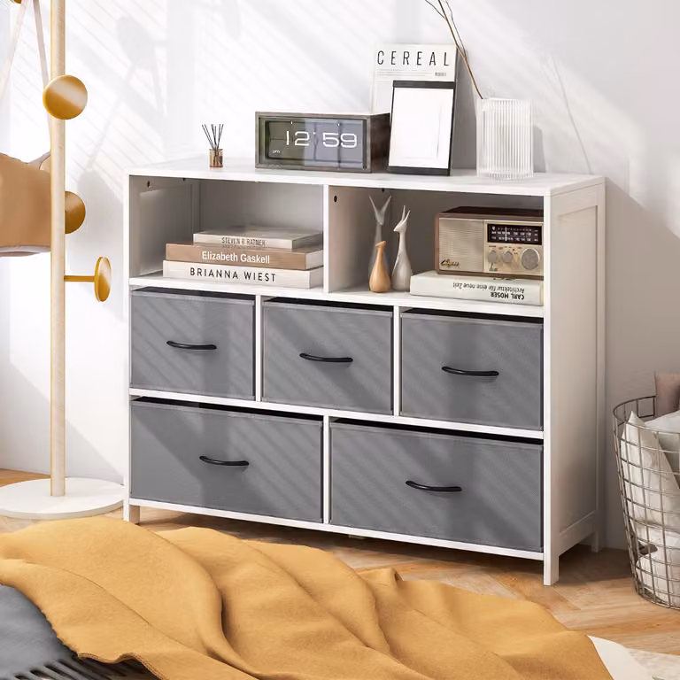 Comò Costway con 2 grandi ceste e 3 medie in tessuto pieghevole, Organizzatore per la casa moderno Bianco e Grigio