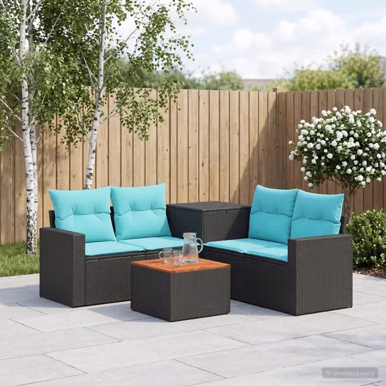 Set di divani da giardino vidaXL a forma di L con tavolo da caffè, composto da 6 pezzi in rattan e acciaio nero e blu con cuscini inclusi