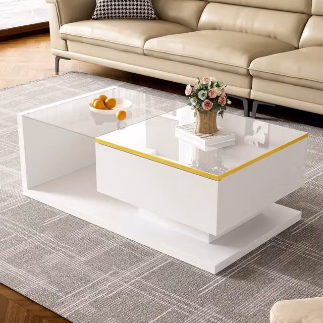 Tavolino da Caffè Rettangolare Moderno OKWISH Bianco con Piano in Vetro e Finitura Lucida, L: 90 cm, P: 60 cm, H: 32.5 cm
