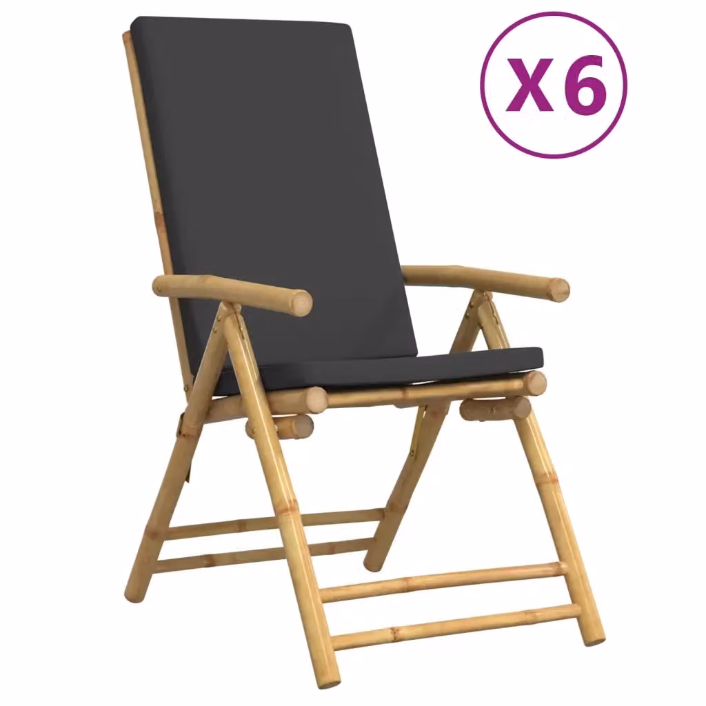 Set di 6 sedie da giardino reclinabili vidaXL in bambù con cuscini grigi e braccioli – 2
