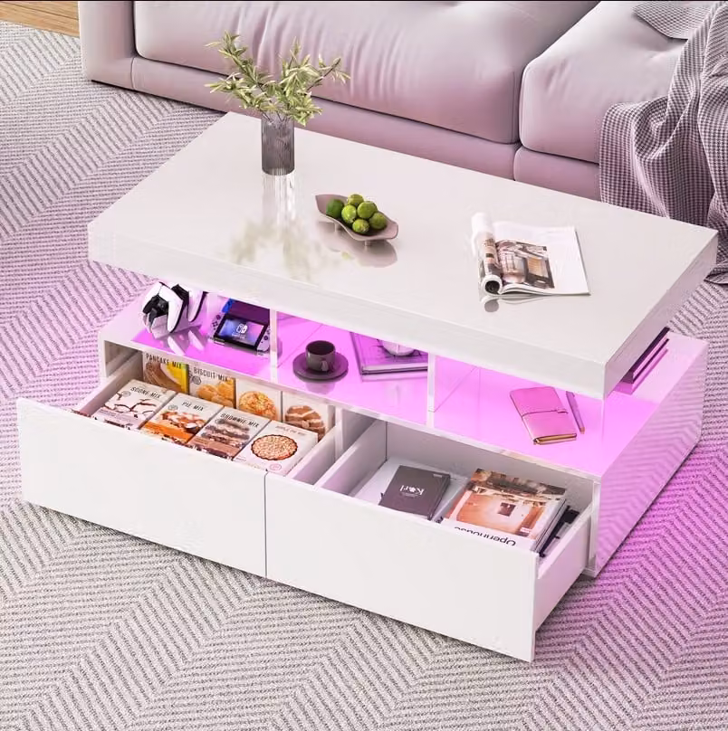 Tavolino moderno a LED, luminoso, con vano portaoggetti, 2 cassetti, 104 x 54 x 46 cm, bianco