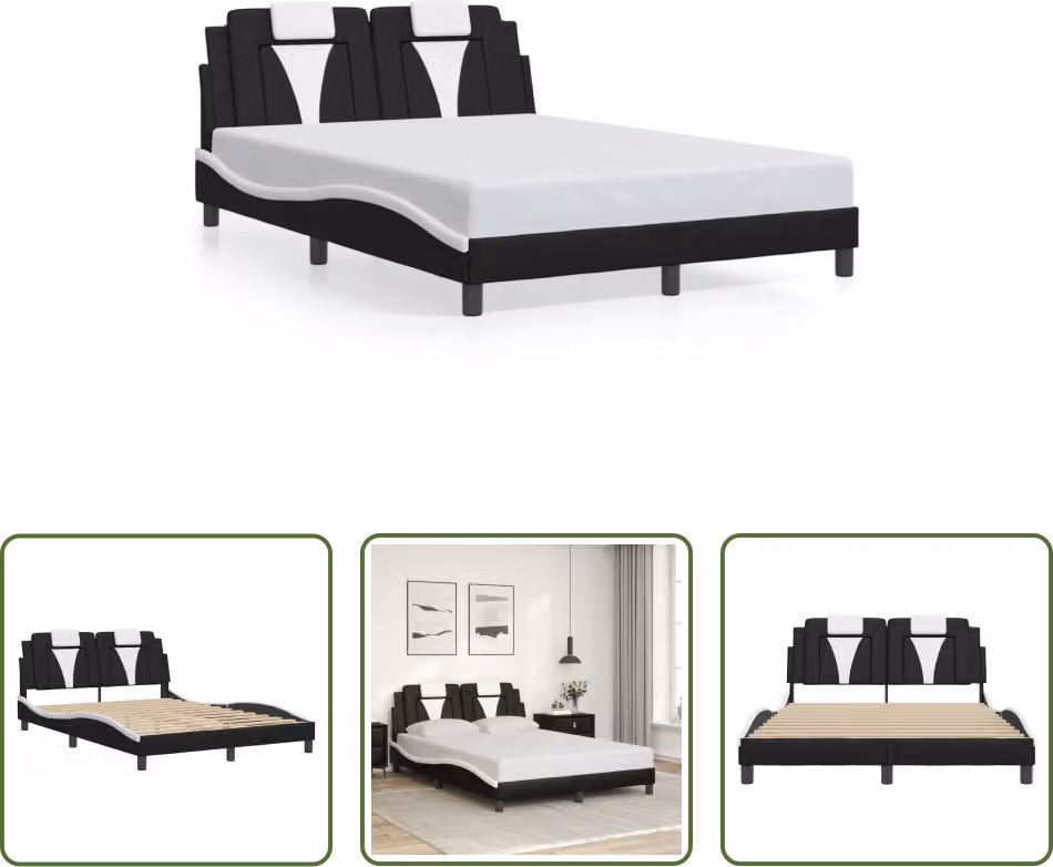 The Living Store Giroletto con testiera bianco e nero 140x190 cm in ecopelle