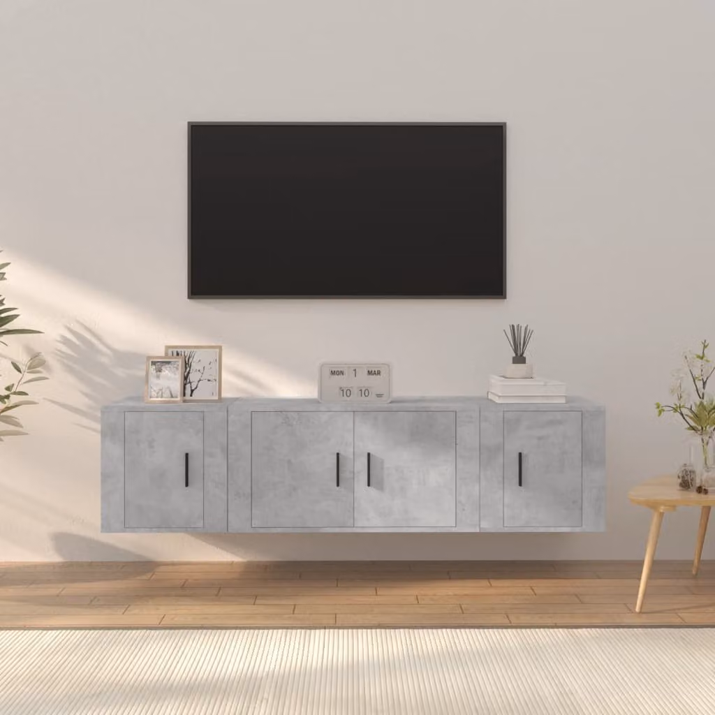 Set di mobili porta TV 3 pezzi vidaXL in legno e MDF, stile moderno, colore grigio cemento, da appendere a parete